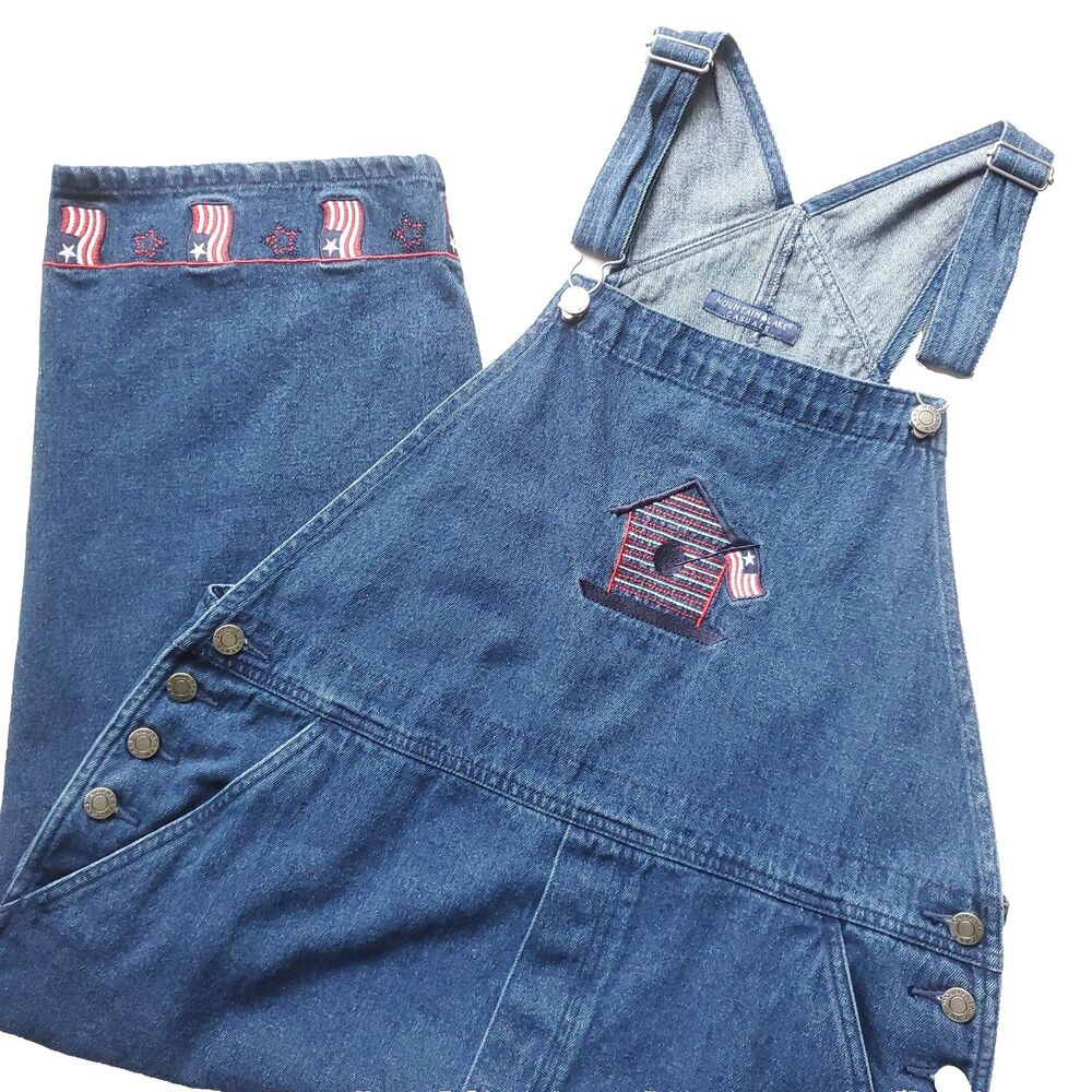 Womens Denim Cropped Overalls Size M Embroidered American Flag Birdhouse